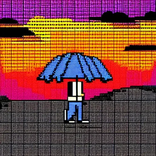 Prompt: a man walking with an umbrella at sunset, 8 - bit retro art