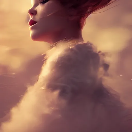 Image similar to beautiful girl portrait in full gown blowing clouds, beautiful portrait, character concept style trending on artstation concept art detailed octane render cinematic photo - realistic 8 k high detailed