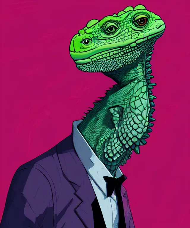 Image similar to a portrait of an anthropomorphic iguana wearing a suit, cyberpunk!, fantasy, elegant, digital painting, artstation, concept art, matte, sharp focus, illustration, art by josan gonzalez