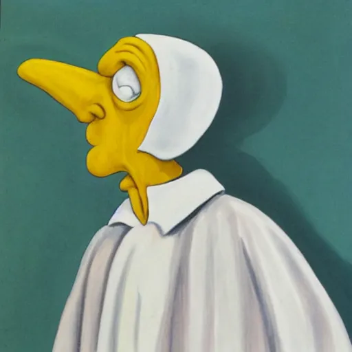 Prompt: pulcinella looks like mr burns, white clothing, mask, painted by antoinette kelly