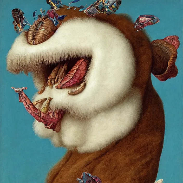 Image similar to close up portrait of a mutant monster creature with white fluffy moth pouf, exotic lily ears, delicate blue sea shell conch corns, snout. by jan van eyck, walton ford