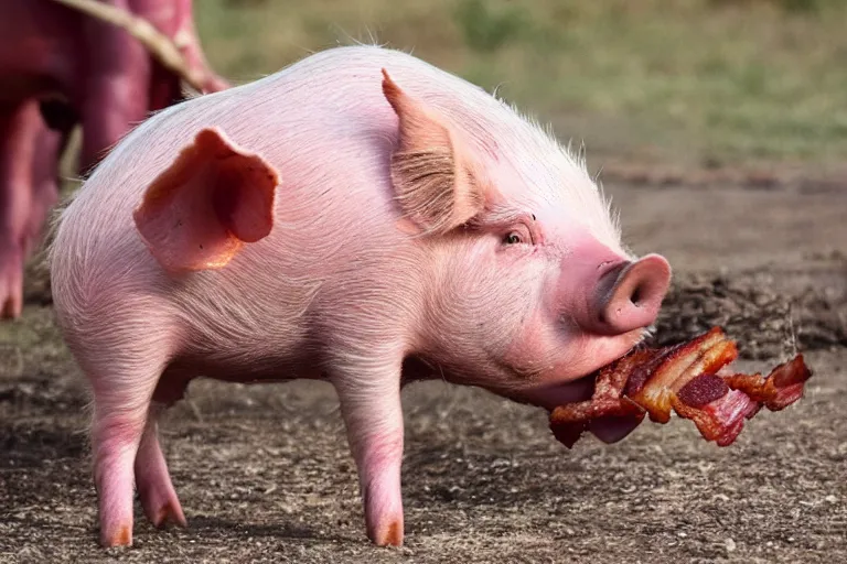 Prompt: a pig eating bacon
