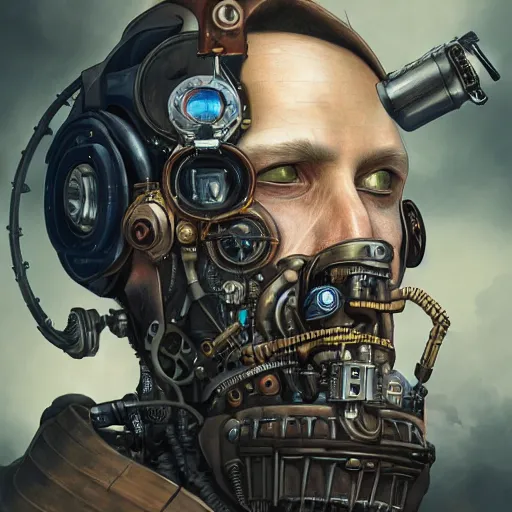 Image similar to portrait painting of a steampunk cyborg criminal, transhumanism, ultra realistic, concept art, studio ghibli, intricate details, eerie highly detailed