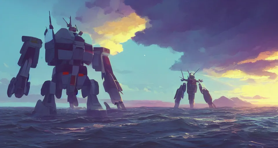 Prompt: A very beautiful serene coast landscape scene with a GIANT MECHA GUNDAM looming in the distance, bright sunny waves splashing on the beach, rendered by simon stålenhag, rendered by Beeple, Makoto Shinkai, syd meade, environment concept, digital art, Gundam style, starwars, unreal engine, 3 point perspective, WLOP, trending on artstation, low level, 4K UHD image, octane render,