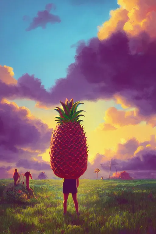 Prompt: closeup, giant pineapple as a head, girl surrounded by djungle, surreal photography, golden hour, colorful clouds, impressionist painting, digital painting, artstation, simon stalenhag