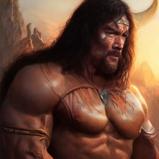 Image similar to Conan the Barbarian played by Arnold Schwarzenegger, 4k oil on linen by wlop, artgerm, andrei riabovitchev, nuri iyem, james gurney, james jean, greg rutkowski, highly detailed, soft lighting 8k resolution