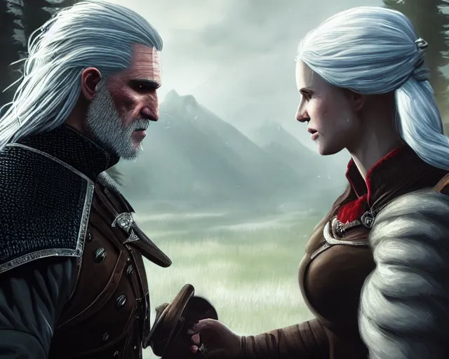 Image similar to 5 5 mm portrait photo of geralt arguing with yennefer of vengerberg. magical atmosphere. art by greg rutkowski. highly detailed 8 k. intricate. lifelike. soft light. nikon d 8 5 0.