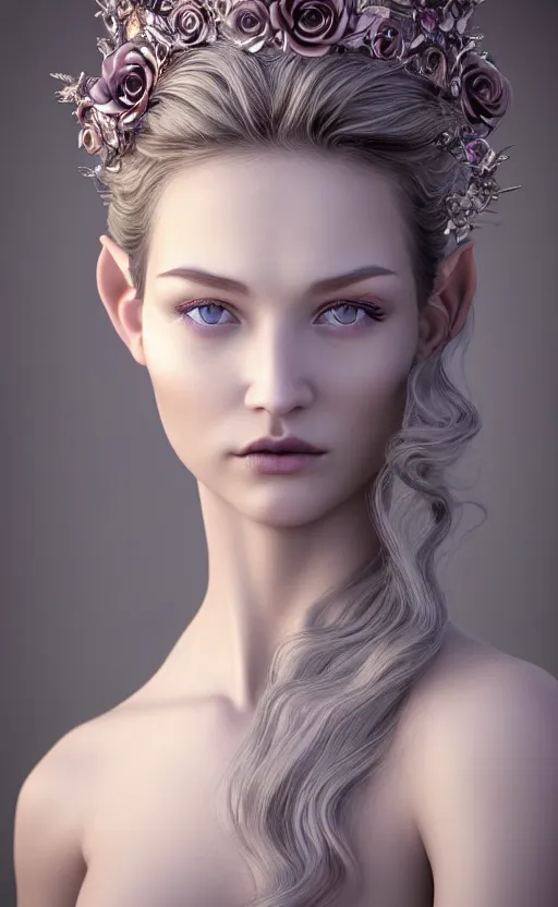Prompt: complex 3 d render, ultra detailed, realistic portrait of a beautiful porcelain skin woman, face, wispy, wavy hair worn tied back in a messy bun, wearing filigree silver elven circlet, detailed eyes, round catchlights, flowers in hair, mauve lips, 8 5 mm lens, beautiful, studio portrait, proportional,