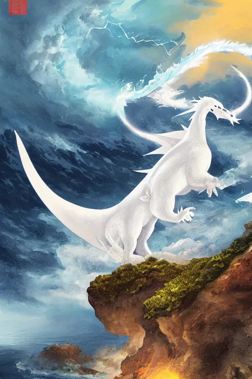 Image similar to Japanese poster art of a white dragon in front of the sea during a storm, cliffs, clouds, thunder, 4k, colourful