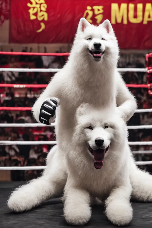 Image similar to samoyed dog head on a human body as a muay thai kickboxer, gloves on hands, Wai Kru Ram Muay, Rajadamnern Stadium, world championship fight, photorealistic, cinematic lighting, 4k