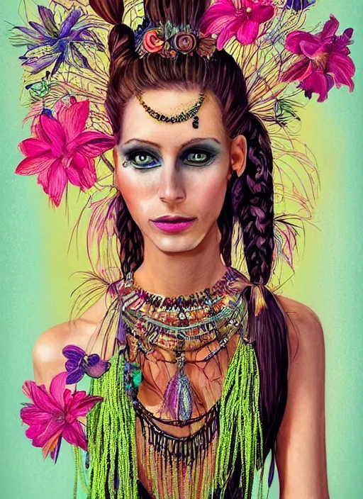 Prompt: beautiful portrait of a witch goddess wearing fantastic dress,embellished beaded feather decorative fringe knots ,colorful pigtail,subtropical flowers and plants,perfect symmetrica body shape,symmetrical face,intricate,elegant,highly detailed,8k,post-processing,digital painting,trending on pinterest,harper's bazaar,concept art, sharp focus, illustration, by artgerm,Tom Bagshaw,Lawrence Alma-Tadema,greg rutkowski,Alphonse Mucha,golden ratio