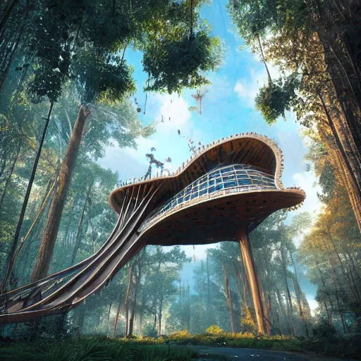 Image similar to ultra realistic and intricate detailed photograph of giant holy tech treehouse, innovation, bright modern style, artstation, unreal render, depth of field, ambient lighting, award winning, stunning