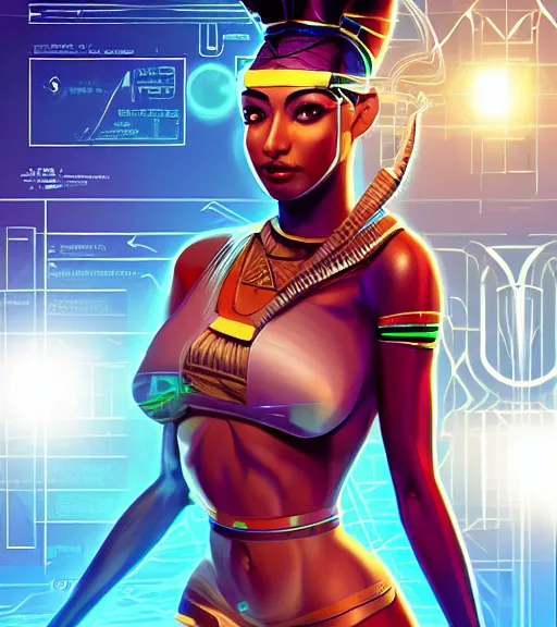 Image similar to symmetry!! egyptian princess of technology, solid cube of light, hard edges, product render retro - futuristic poster scifi, lasers and neon circuits, beautiful brown skin woman egyptian princess, intricate, elegant, highly detailed, digital painting, artstation, concept art, smooth, sharp focus, illustration, dreamlike, art by artgerm