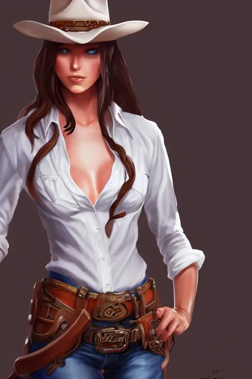 Image similar to full body, female cowgirl, perfect face, white blouse, 8 k, magic the gathering, desert, d & d, artstation, high detail, smooth, muscular