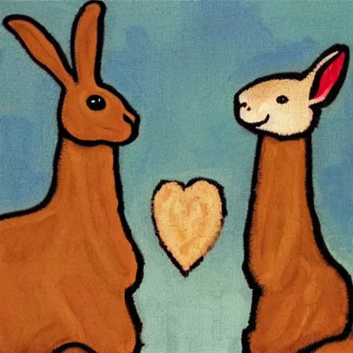 Image similar to a rabbit and an alpaca in love in the style of gifford beal