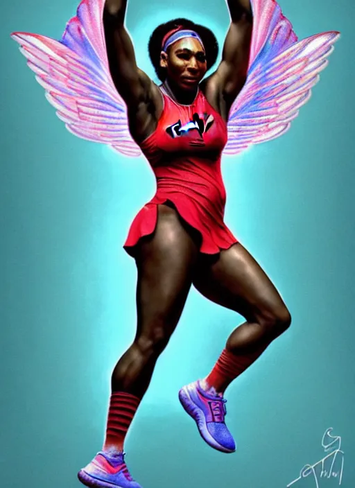 Prompt: serena williams as nike godess of victory, wings, wax figure, glowing eyes, volumetric lights, red and cyan theme, art nouveau botanicals, intricate, highly detailed, digital painting, artstation, concept art, smooth, sharp focus, cinematic, illustration, beautiful face, art by artgerm and greg rutkowski and alphonse mucha