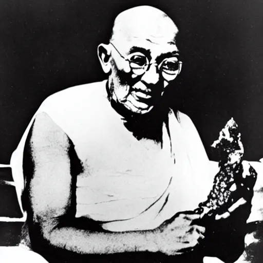 Image similar to ghandi eating a piece of meat