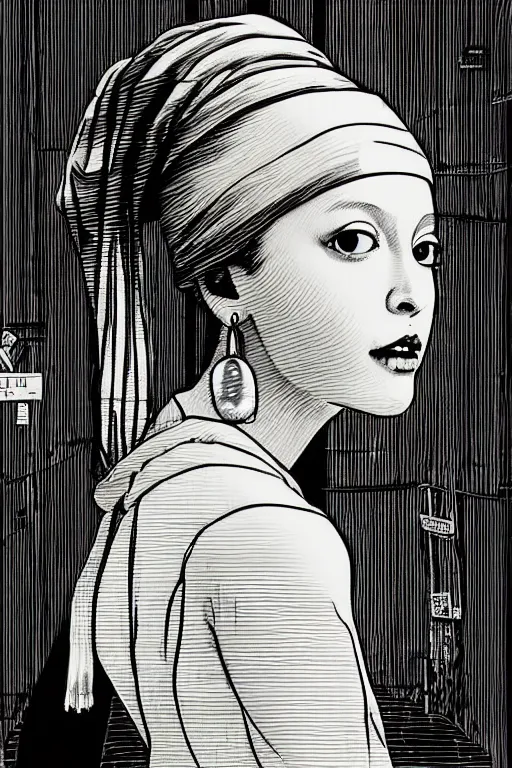 Image similar to beautiful portrait of a woman, negative no not the girl with a pearl earring, highly detailed ink illustration of a narrow neon lit tokyo alley, b & w clean shaped illustration by kim jung gi, ric estrada, ron english and eiichiro oda