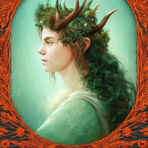 Prompt: A beautiful digital painting of freya allen, teal skin, antlers made from wood on her head and brown curly hair with orange oak leaves, D&D, fantasy, intricate, beautiful green eyes, cinematic lighting, highly detailed, digital painting, Artstation, concept art, smooth, sharp focus, illustration, art by Artgerm and Greg Rutkowski and Alphonse Mucha