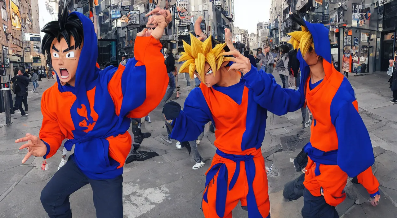 Prompt: Goku in the City Streets wearing a Hoodie
