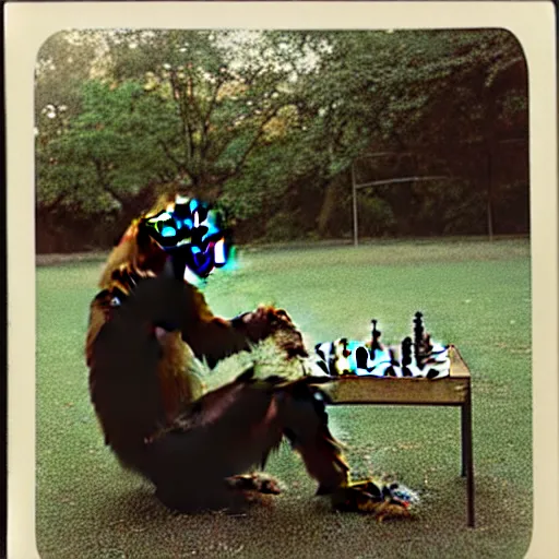 Image similar to portrait photo of a monkey playing chess in a park by annie liebovitz,