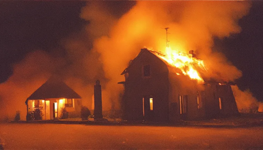 Image similar to 1 9 7 0 s movie still of a heavy burning french style little house by night in autumn, in a small northern french village, sony mini dv camera, heavy grain, high quality, high detail, dramatic light, anamorphic, flares