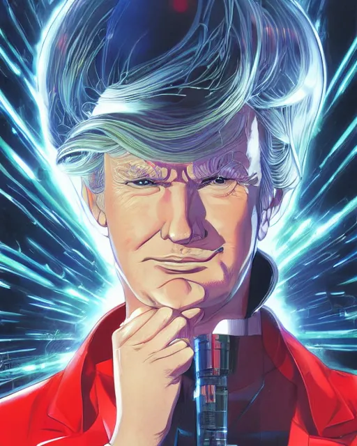 Image similar to portrait of trump, cybernetic enhancements, art by makoto shinkai and alan bean, yukito kishiro