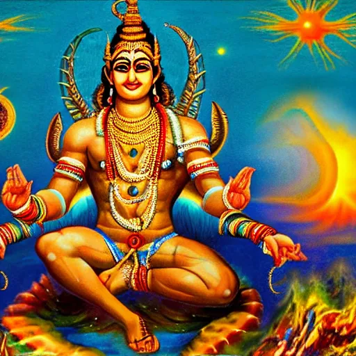 Image similar to lord vishnu, full body picture, bodybuilder, birth of the universe, multiverse, realistic, full HD, high quality, 4k