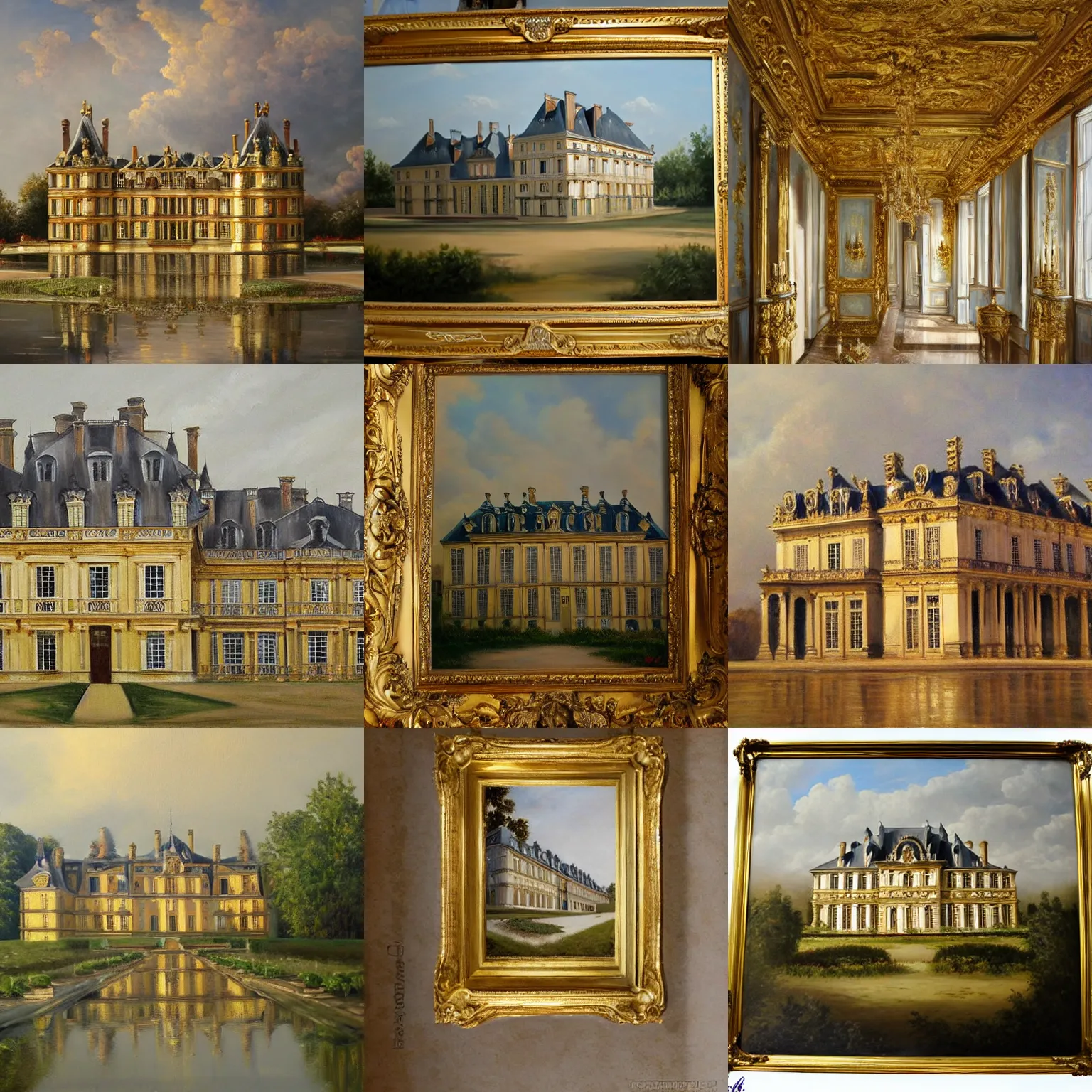 Prompt: an incredible oil painting of a big french chateau, maison Laffite, chateau de Versailles, château de Cheverny, concept art, trending on deviantart, gold number, ideal proportions