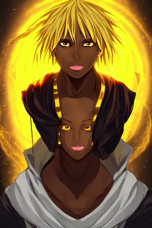 Image similar to glowing black male anime character, golden hair, yellow eyes, symmetrical, face picture, portrait, highly detailed, digital art, sharp focus, trending on art station, samurai, electricity superpowers, anime art style