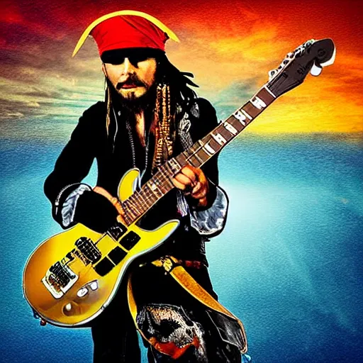 Prompt: rock album cover of a pirate playing an electric guitar onboard his ship