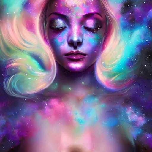 Prompt: a galaxy pink purple and blue colored, psychedelic, ethereal, portrait, kim petras, eyes closed transcending to a higher plane of existence, cosmic nebulaic spirit form, eternal blessing, multiverse, by android jones, by ben ridgeway, visionary art, by artgerm, featured on artstation, cgsociety, by greg rutkowski