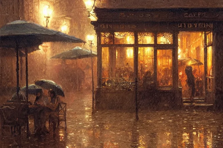 Image similar to A small cafe at night during rain, moody scene, highly detailed, intricate, sharp details, dystopian mood, 1950 scene by gaston bussiere, craig mullins, somber lighting, drawn by Giacomo Burattini, inspired by graphic novel cover art