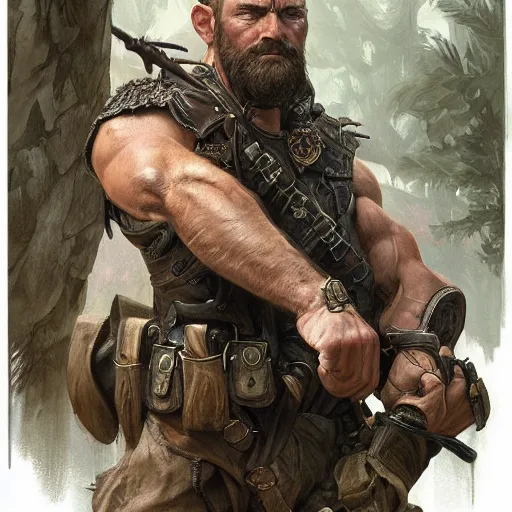 Image similar to portrait of a rugged ranger, muscular, upper body, D&D, fantasy, intricate, elegant, highly detailed, digital painting, artstation, concept art, smooth, sharp focus, illustration, art by artgerm and greg rutkowski and alphonse mucha