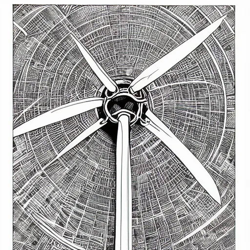 Image similar to hyper detailed comic illustration of a wind turbine blueprint, black ball pen on white paper, by Josan Gonzalez and Geof Darrow, intricate details