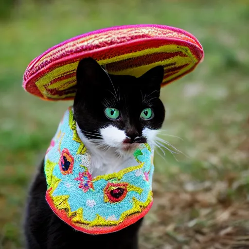 Image similar to a cat wearing a small sombrero and a poncho, photography