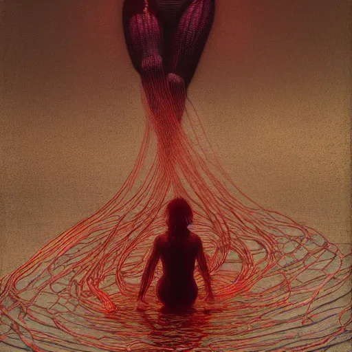 Image similar to shore of the lake, woman, wrapped around by tubes and cables veins and nerves, bones, short black curly hair, glowing red, by edgar maxence and ross tran, zdzisław beksinski, un and michael whelan, distant, gustav dore, h. r. giger, 8 k, octane render