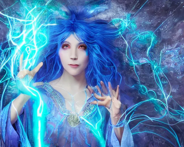 Prompt: blue haired female god casting a spell using sigils and floating runes, flowing robes, in a cave with glowing crystals on the walls, electric vines flowing from hands, fantasy, cinematic composition, dramatic lighting, detailed painting, 8 k,