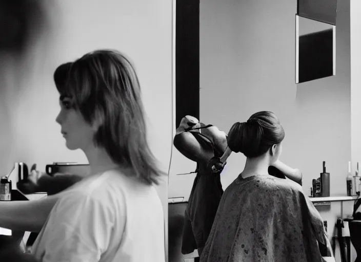 Image similar to a 3 5 mm photo from the back of a woman getting her hair done at the hairdresser in the 1 9 6 0 s, bokeh, canon 5 0 mm, cinematic lighting, dramatic, film, photography, golden hour, depth of field, award - winning, 3 5 mm film grain