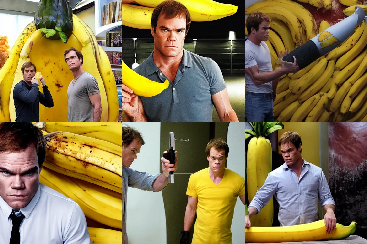 Prompt: fearful dexter morgan next to human sized banana, photo quality