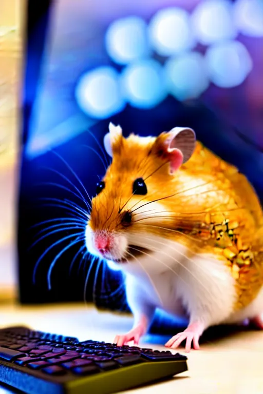 Image similar to a hamster using a gaming pc, 8 k, award winning photograph, portrait, detailed face, highly - detailed