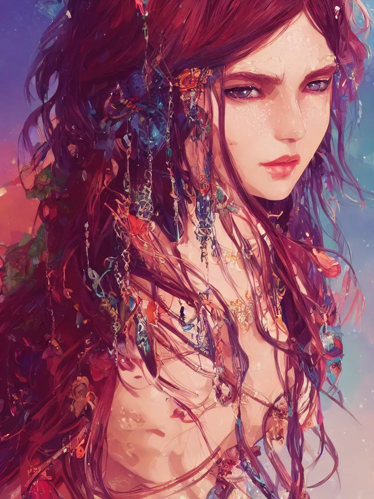 Image similar to a beautiful bohemian girl, intricate, highly detailed, digital painting, Pixiv, Artstation, official media, anime key visual, concept art, rich vivid colors, ambient lighting, sharp focus, illustration, art by WLOP