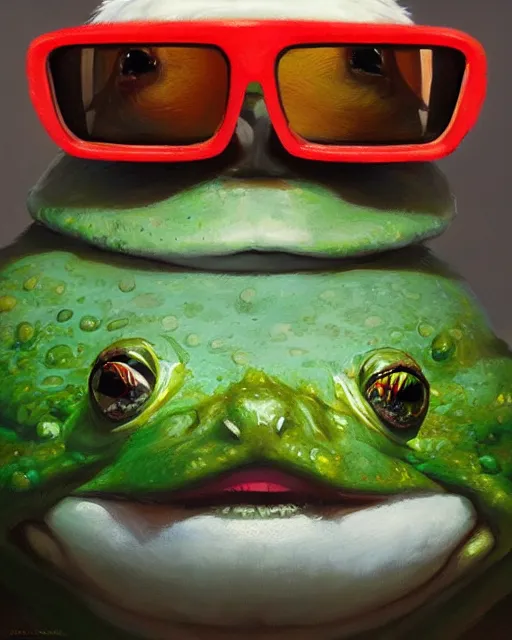 Prompt: hyper realistic oil painting of chubby green toad wearing anachrome 3 d glasses!! and sitting in the cinema with bucket of popcorn, vibrant colors, high contrast, by greg rutkowski, trending on artstation