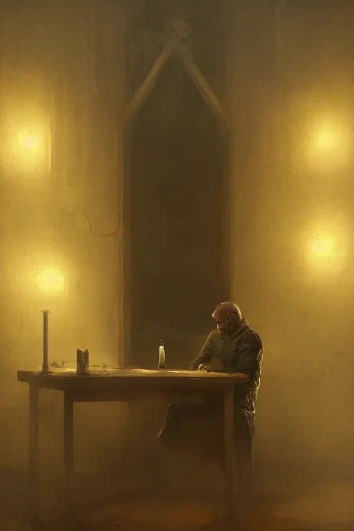 Image similar to lonely man sitting in soviet appartment behind an old computer, lit by the light of gods, abandoned by gods, hyperdetailed artstation cgsociety by greg rutkowski and by Gustave Dore