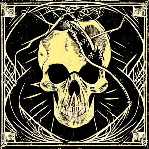 Image similar to dark death metal themed vector illustration for a record label, trees. forest, spikes, skull, microphone, skull, award winning, grunge, iconic, golden ratio