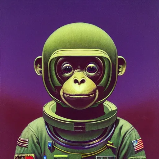 Image similar to Portrait of a monkey astronaut in the style of James Gilleard, Zdzislaw Beksinski, Mark Ryden, Wolfgang Lettl highly detailed, hints of Yayoi Kasuma