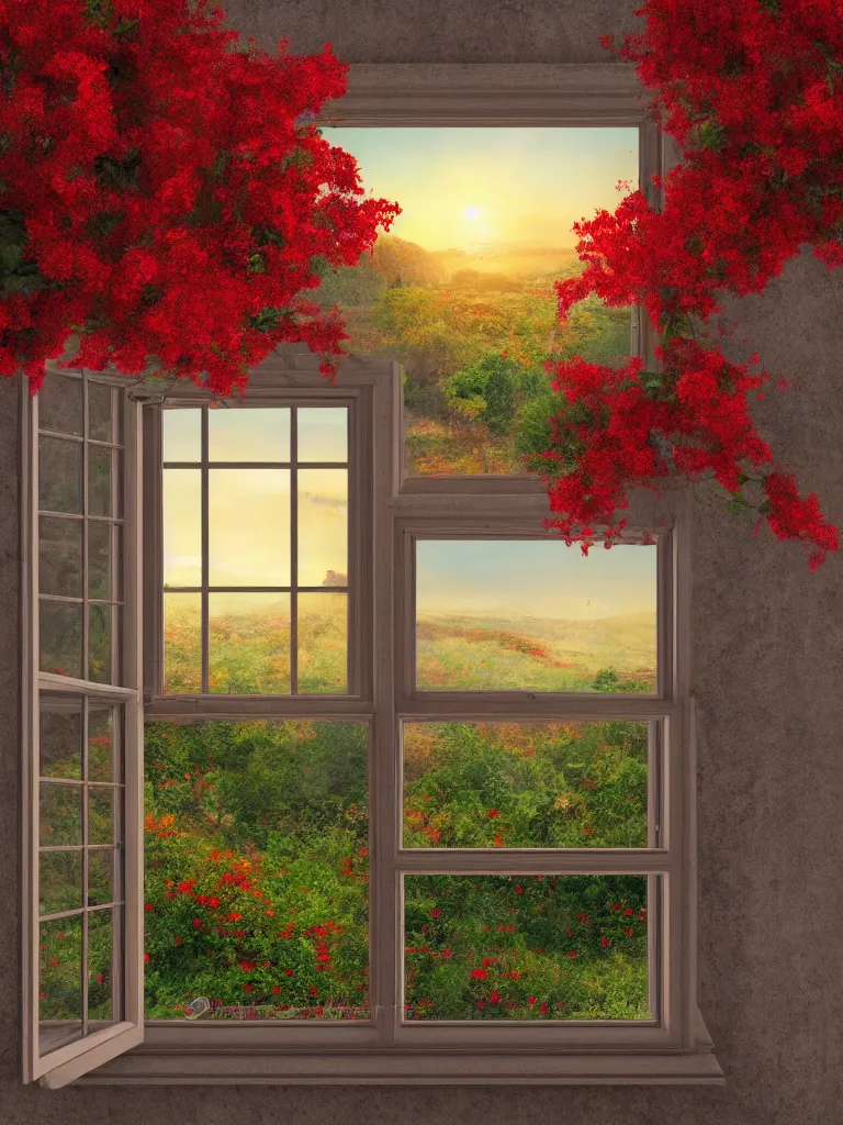 Image similar to a interior photo of a vintage house single window with view to the sunrise near some red flowers, hyperrealistic, digital painting, masterpiece, high quality, highly detailed, high coherence, path traced, serene landscape, beautiful, elegant, bloom, godrays, complementary colors, natural lighting, symmetrical, low contrast, geometrically correct