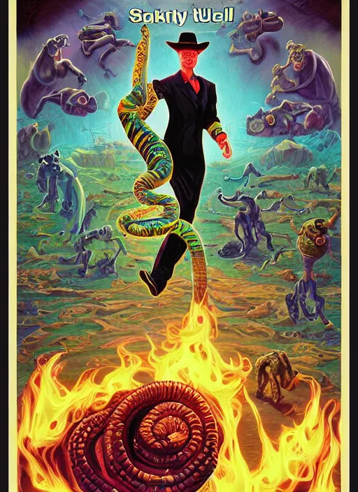 Prompt: disgustingly bullish snake oil salesman cowboy teletubbies spark a never ending bull run with patented SNAKEOIL brand edible crypto stimulant drink, sci-fi horror movie poster, grotesque, scary, high details, intricately detailed, by vincent di fate, artgerm julie bell beeple, inking, 1990s, vintage 90s print, screen print, purple green color scheme