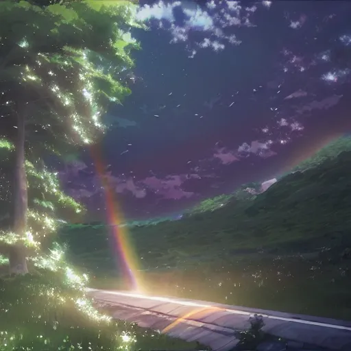 Prompt: rainbow wizard going to crossing a rainbow bridge, by Makoto Shinkai