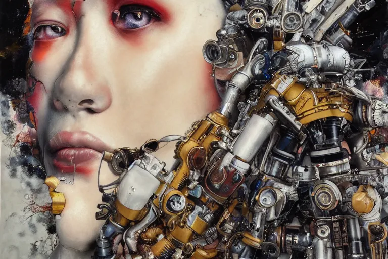 Prompt: 8K UHD, detailed portrait, high dynamic range, by katsuhiro otomo: (background= varnished oil paint on black background with pastel paint splashes in background)+ (subject = queer baroque expressionist cyborg machine goddess + subject detail= very detailed )